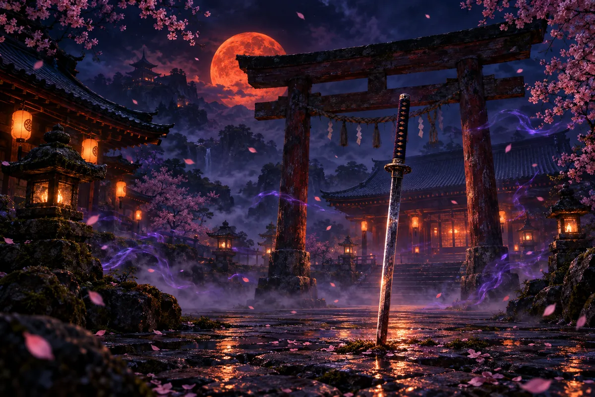 A katana planted in a misty temple courtyard beneath a torii gate, lanterns and a crimson moon