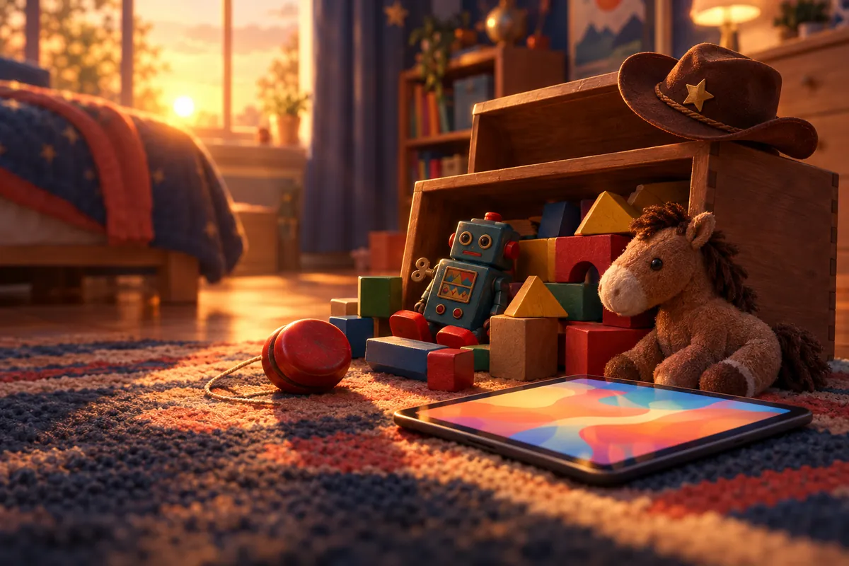 An open wooden toy box with classic toys and a cowboy hat beside a glowing tablet on a bedroom rug at sunset
