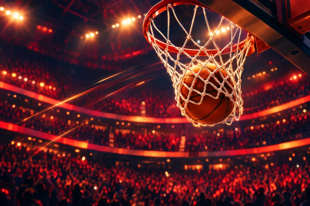 A basketball dropping through the net in an arena glowing with red and orange light